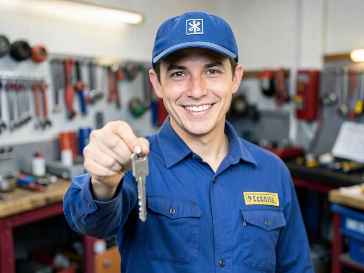 Técnico automotriz sonriendo mientras entrega las llaves de un vehículo