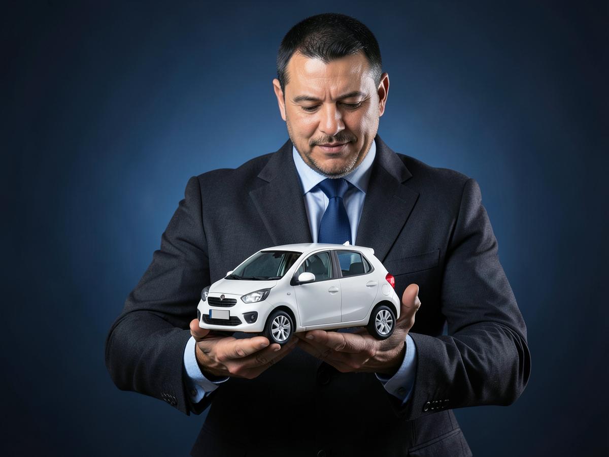 Ejecutivo protegiendo un automóvil entre sus manos