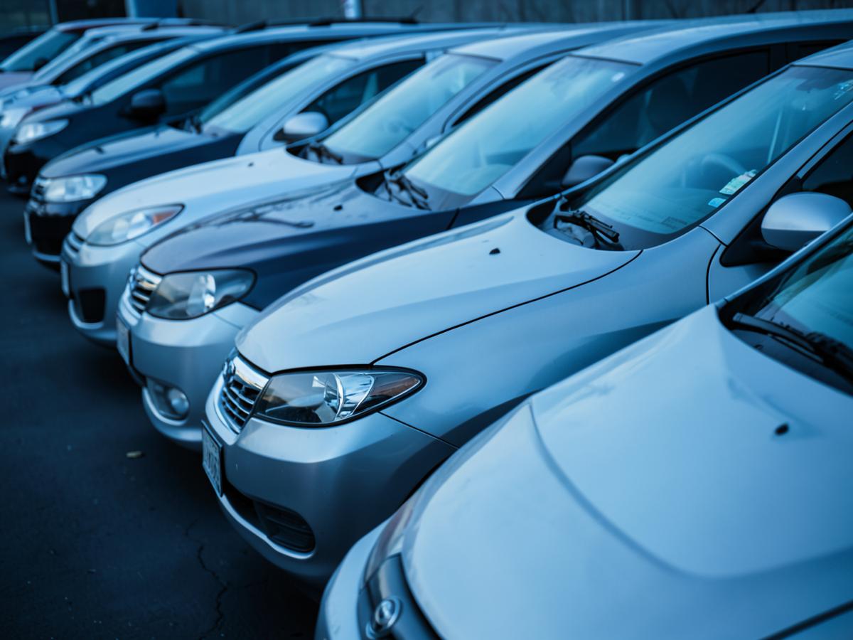 Fila de automóviles de flotilla estacionados